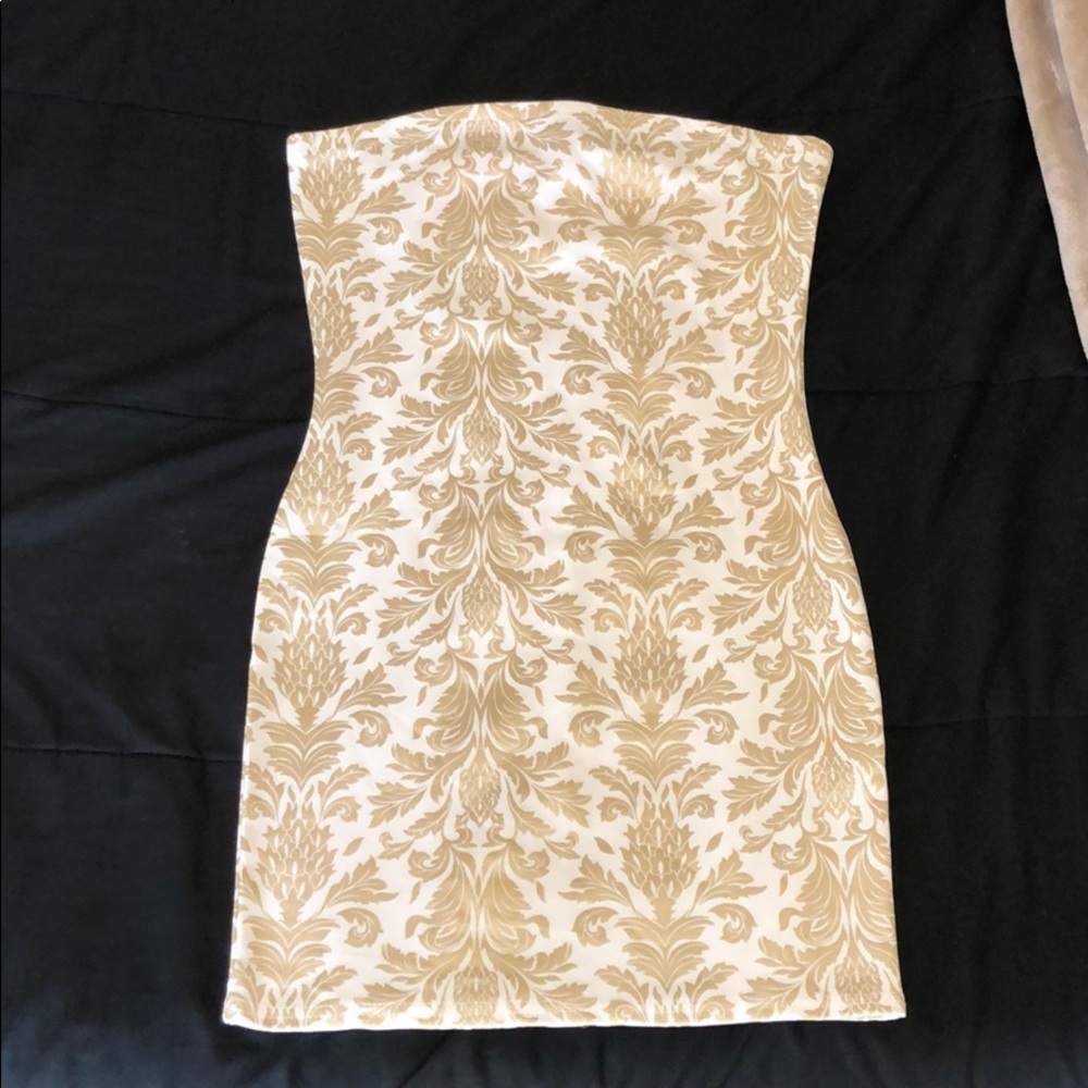 tight white gold strapless bodycon